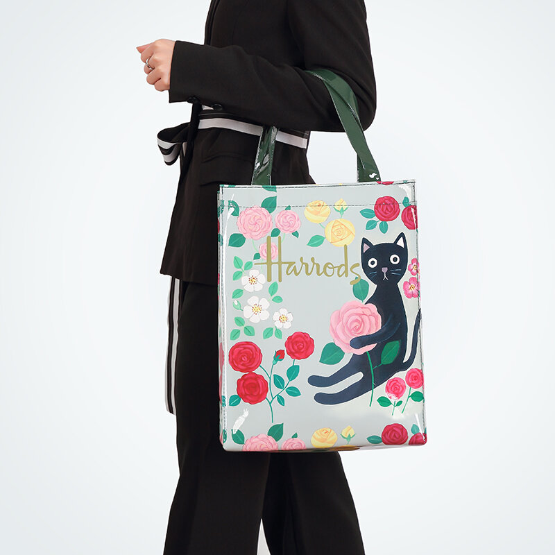 런던 스타일 PVC 재사용 가능한 대형 쇼핑 지갑, 친환경 꽃 토트 쇼핑백, 여름 방수 비치 핸드백
