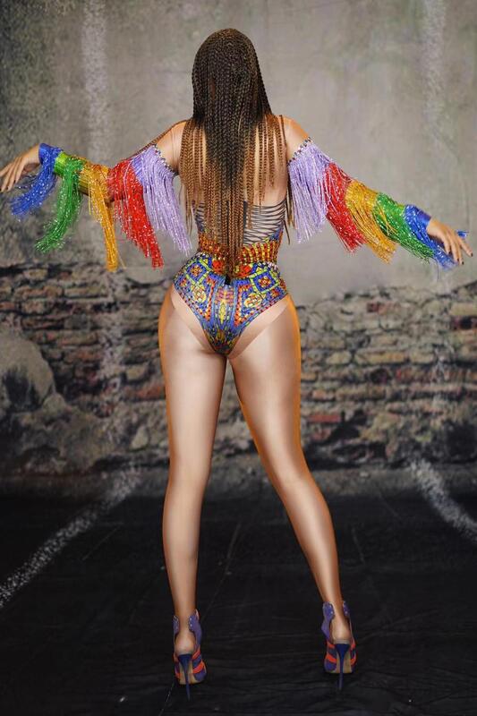 Mode Frauen Mehrfarbige Quaste Strass-Body Sexy Nachtclub Party Feier Singer Bühne Kostüm Stretch Tänzerin Trikot