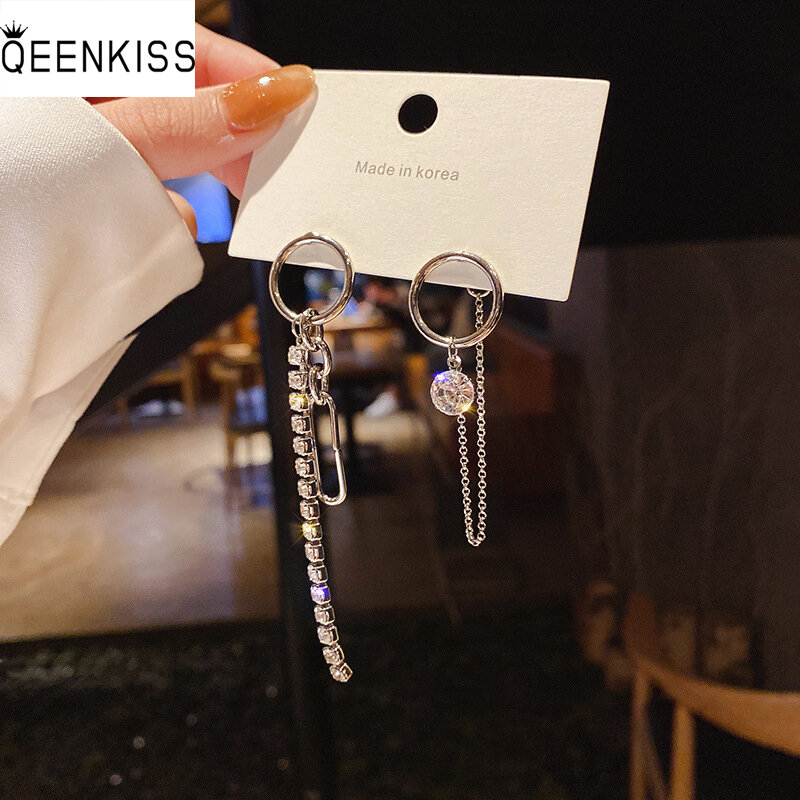 Qeenkiss-女性用の薄いシルバーのイヤリング,非対称のイヤリング,ジルコン,925スターリングシルバー,キュービックジルコニア,ジルコニア,誕生日プレゼント,卸売