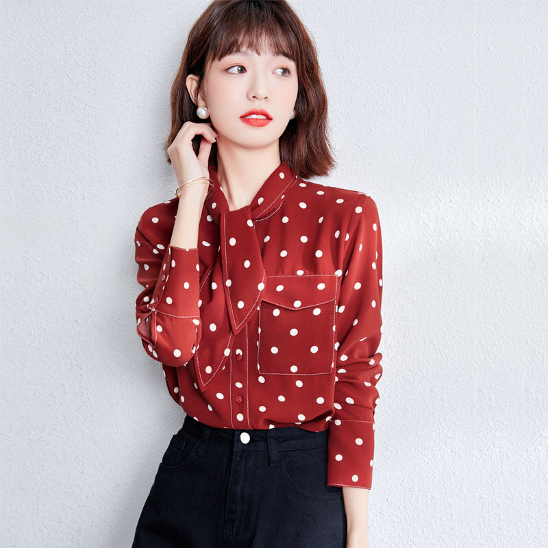Blusa das mulheres polka dot impresso chiffon blusas primavera solto manga longa topo moda feminina camisa