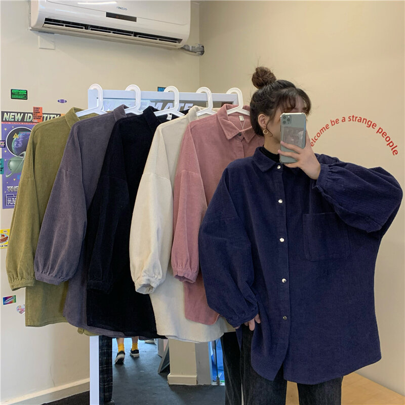 Koreański mody kobiet sztruks Retro bluzka kobiet Harajuku Streetwear swetry typu oversize z długim rękawem Vintage przycisk w dół koszulki