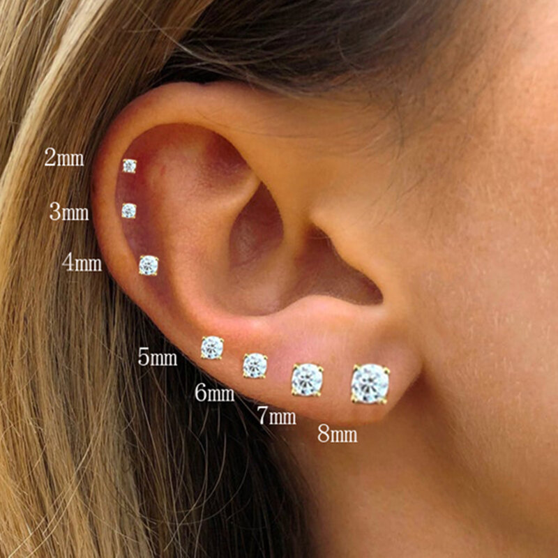 Ajudan 925 Anting-Anting Kancing Zirkon Tunggal Mini 2-8Mm Perak Murni untuk Wanita Kancing Telinga Kristal Berkilau Permata Pesta Pertunangan Pernikahan