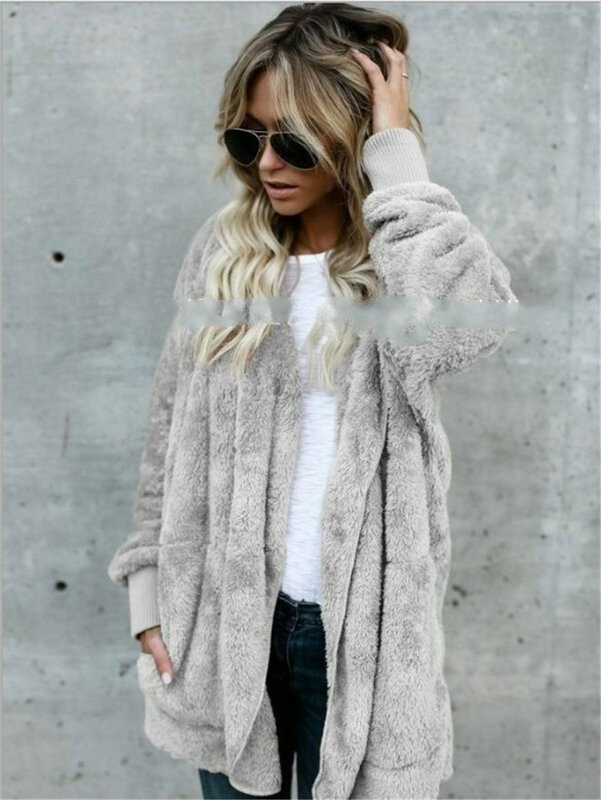 Abrigo de oso de peluche de piel sintética para mujer, chaqueta con capucha de manga larga, a la moda, de punto abierto, novedad, S-5XL, invierno, 2021