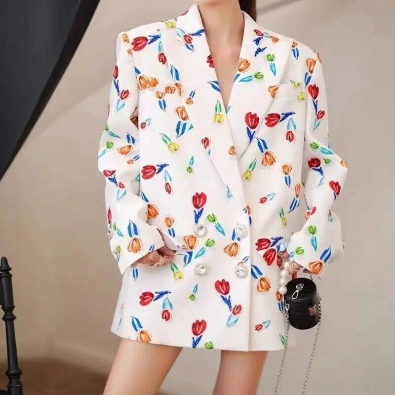 Blazer informal holgado con estampado para mujer, chaqueta recta Coreana de manga larga con muescas, ropa de moda femenina, principios de otoño, novedad de 2022
