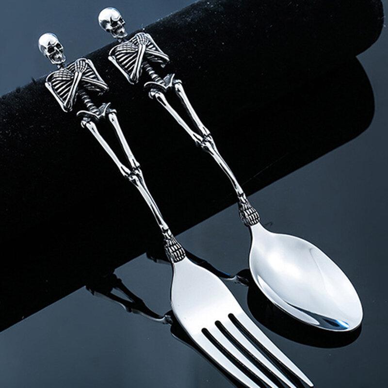 Aço de titânio esqueleto crânio garfo colher talheres mesa jantar do vintage talheres conjunto metal artesanato presentes festa dia das bruxas
