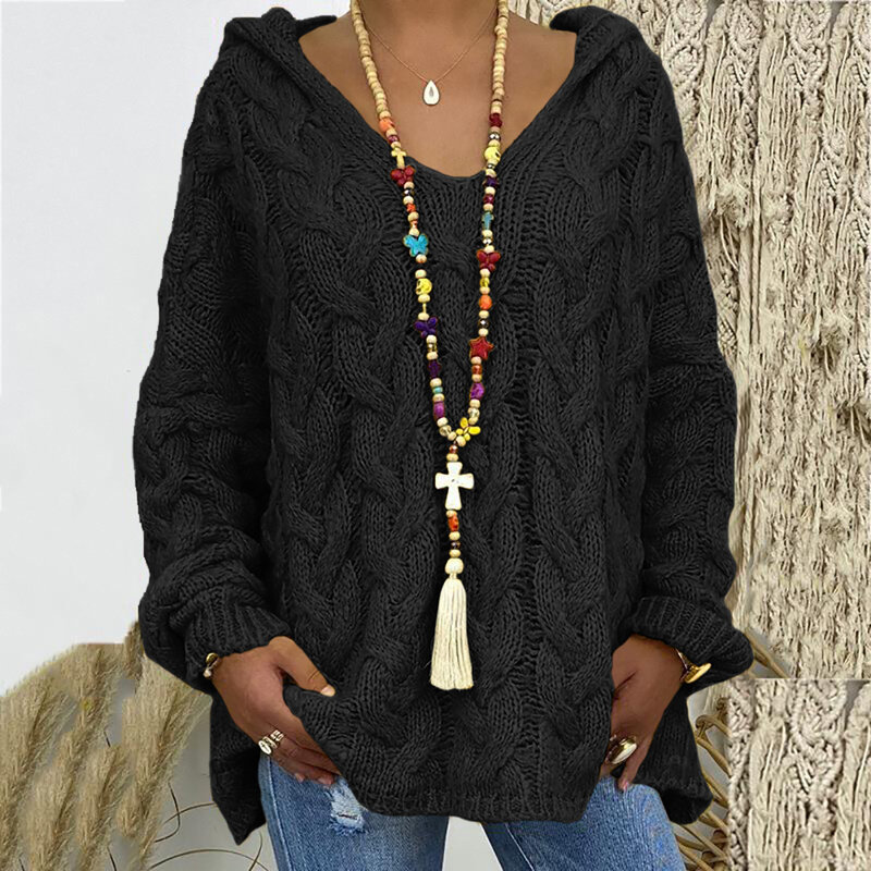 Women's Tops Thickened Twist V-neck Long-Sleeved Knitted Loose Hooded Pullover Women's Clothing