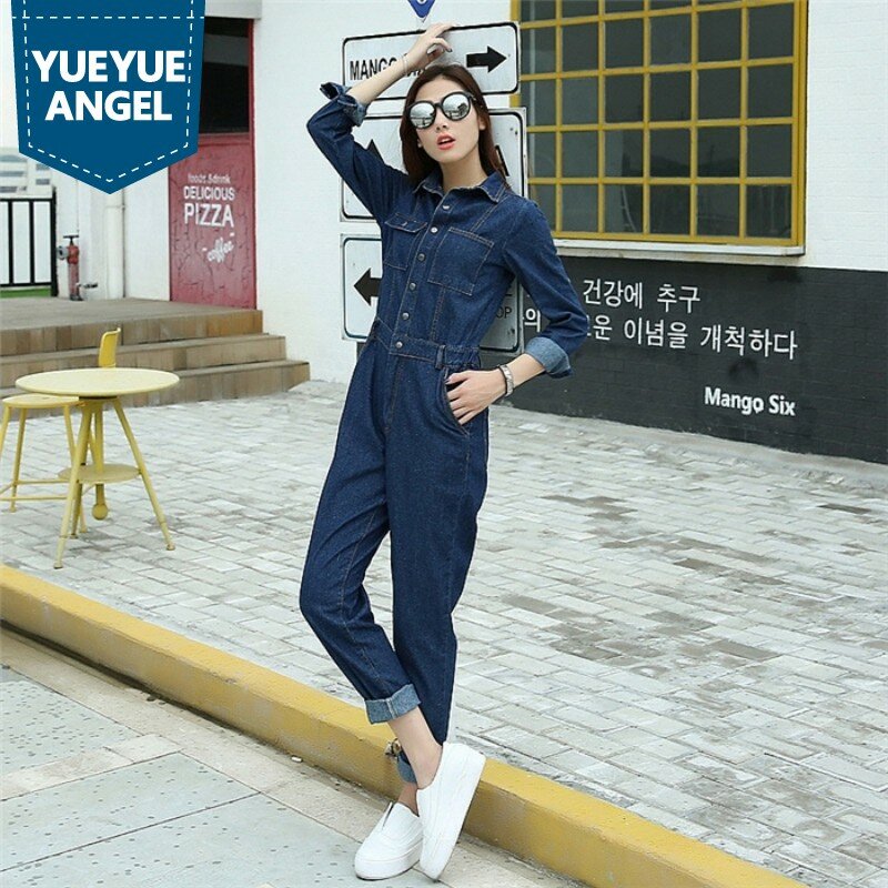 Fashion Ladies Vintage Navy Blue Jean Overalls Single Breasted Full Sleeve Denim Overall Jumpsuits For Women Office Lady Pockets