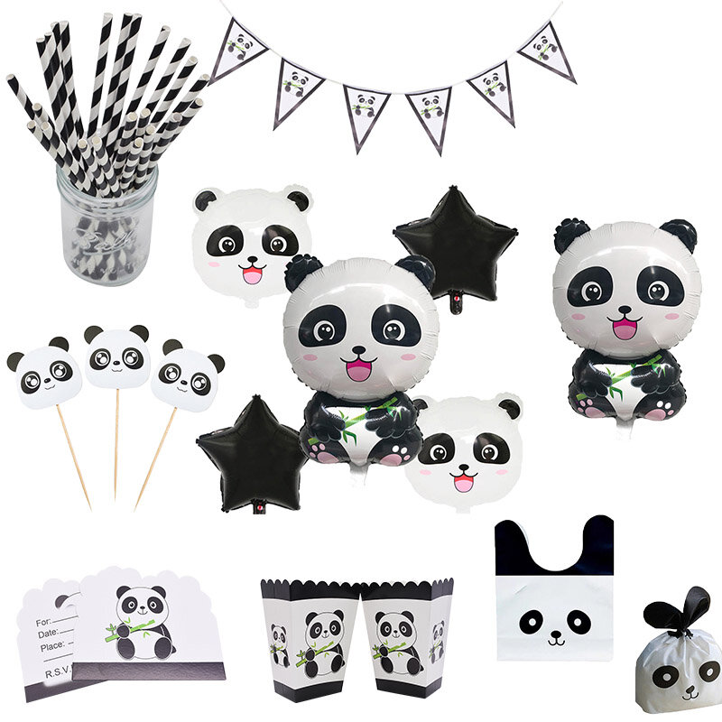 1Set Cartoon Panda Thema Wegwerp Servies Gelukkig Birthday Party Helium Ballonnen Accessoires Baby Shower Kid Favor Supplies