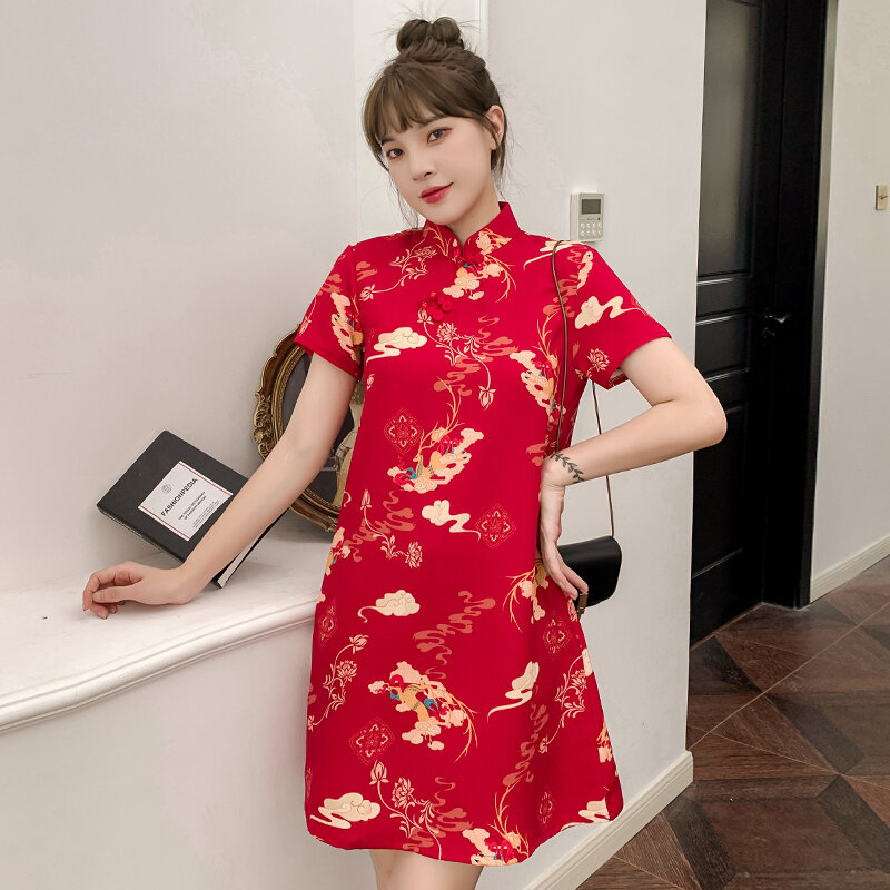 M-4XL 2022 Nouvel An Rouge Été Tendance Rue Mode Moderne Cheongsam A-ligne Robe Femmes Qipao Traditionnel Chinois Vêtements