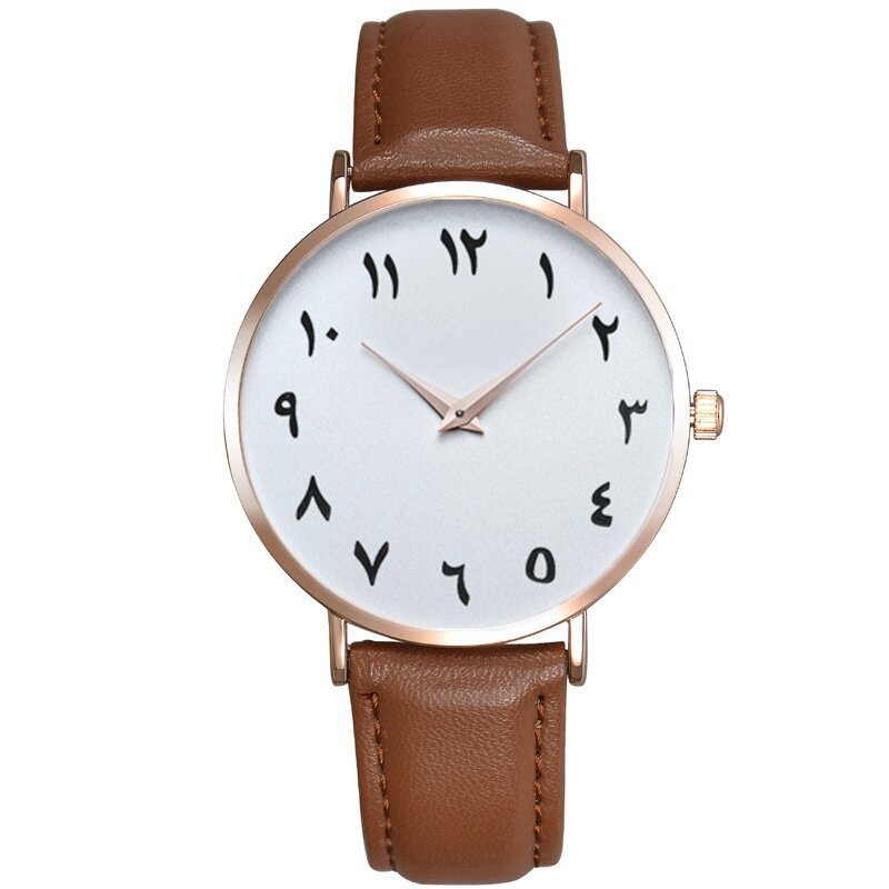 Eenvoudige Arabisch Digitale Heren En Dames Horloge Quartz Horloge Bruin Lederen Horlogeband