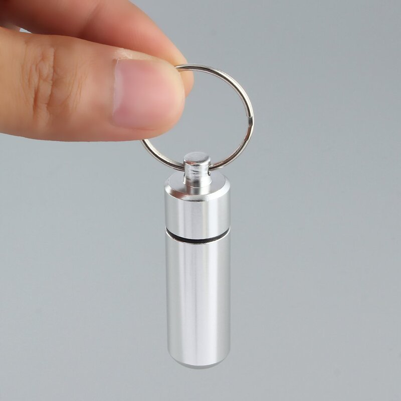 2021 Hot Mini Draagbare Waterdichte Aluminium Zilveren Pillendoosje Zaak Fles Cache Drug Holder Container Met Key-Chain Key houder