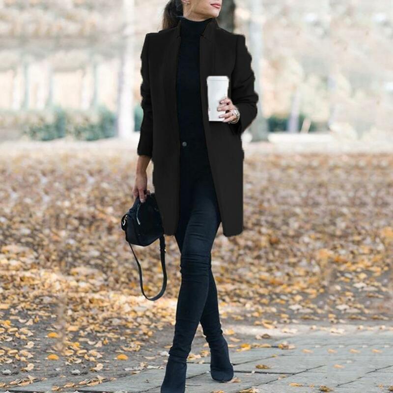 Dropshipping Office Lady Autumn Solid Color Stand Collar Woolen Long Coat Plus Size Cardigan