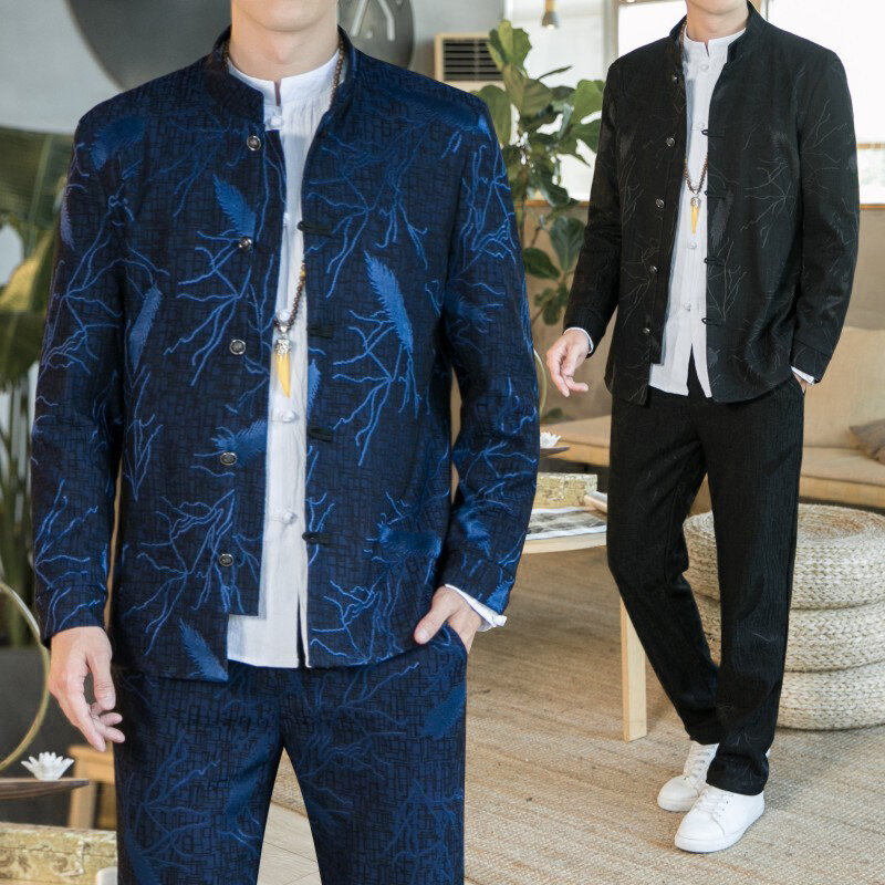 남성용 중국 스타일 재킷 프린트 수트, 캐주얼 패션 재킷 및 바지, 풀 사이즈 M-5XL, 2023 가을