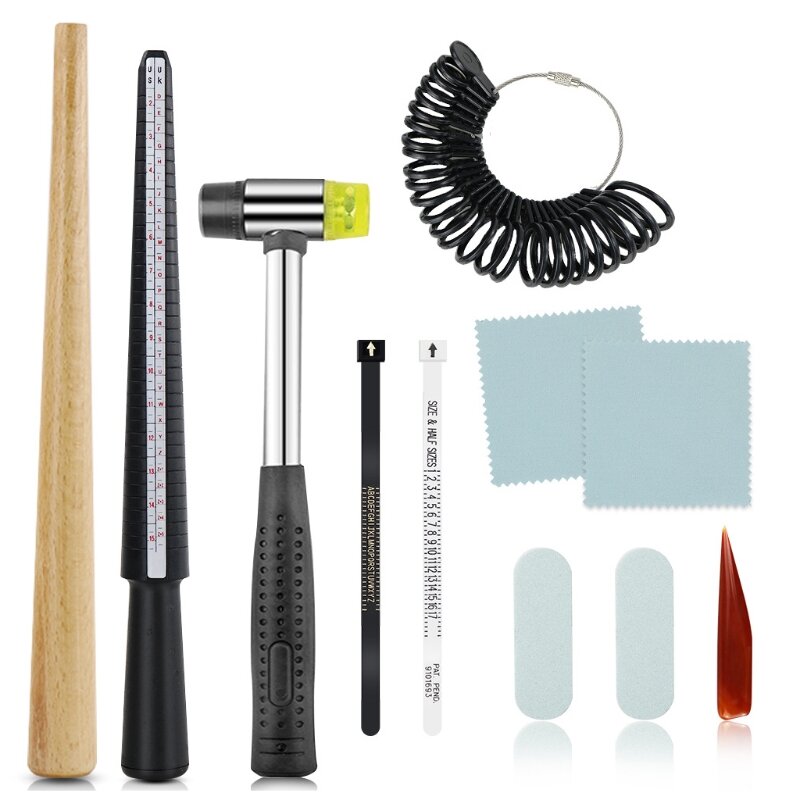 11Pcs Ring Dorn Sizer Stick Finger Che Hammer Ausrüstung Schmuck Messung Tools Kit