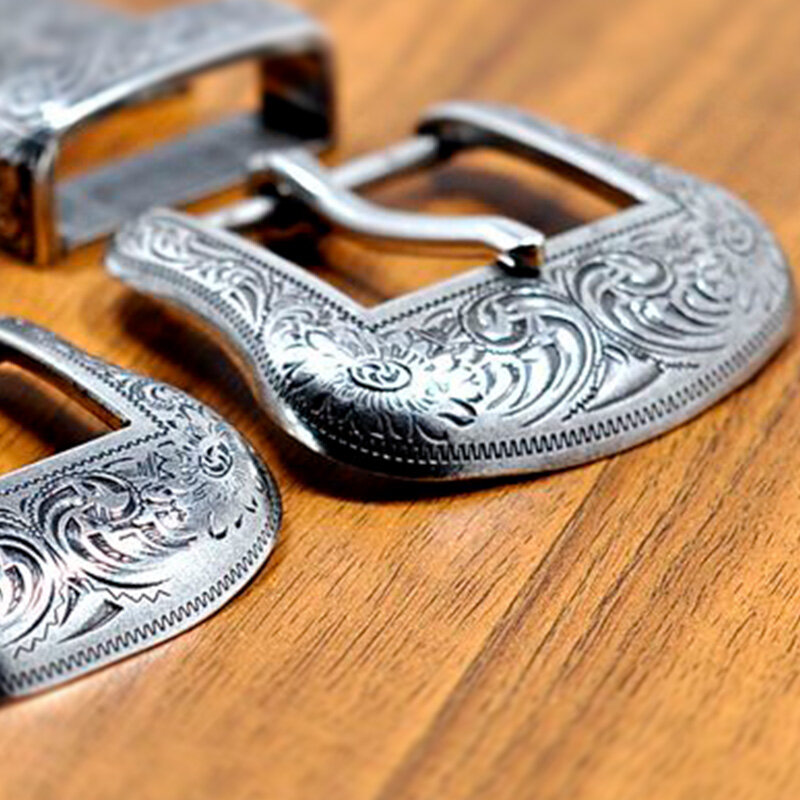Hebilla de cinturón de Metal chapado en plata para hombres, hebilla de Pin de tres piezas en relieve Vintage, hebilla de artesanía de cuero DIY, Juego de 3 piezas