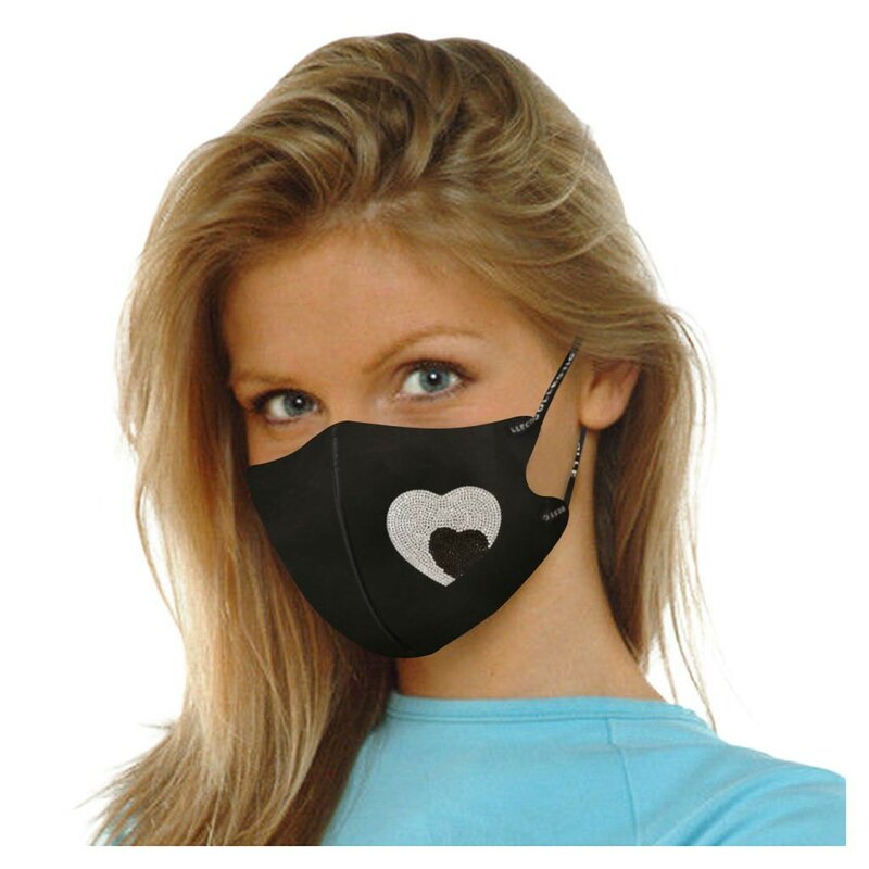 1pc Women Girls Fashion Rhinestone Pattern Black Mask Washable Windproof Reusable Mouth-muffle Breathable Face Mouth Mask