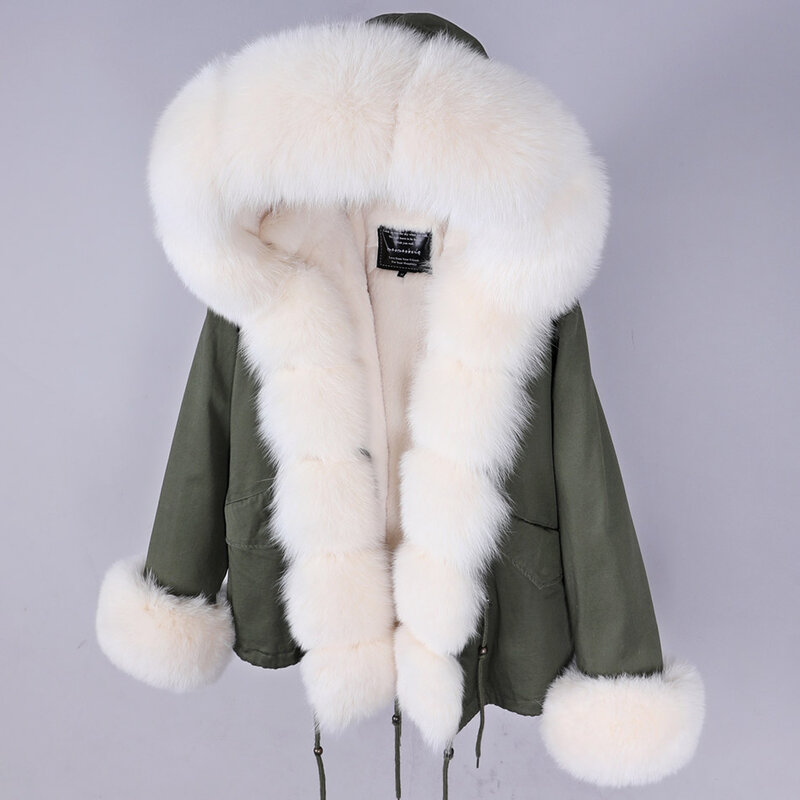 MAOMAOKONG zimowa luksusowa kurtka damska prawdziwe futro z lisów duży naturalny kołnierz z futra szopa kaptur gruba ciepła, krótka Streetwear Parkas