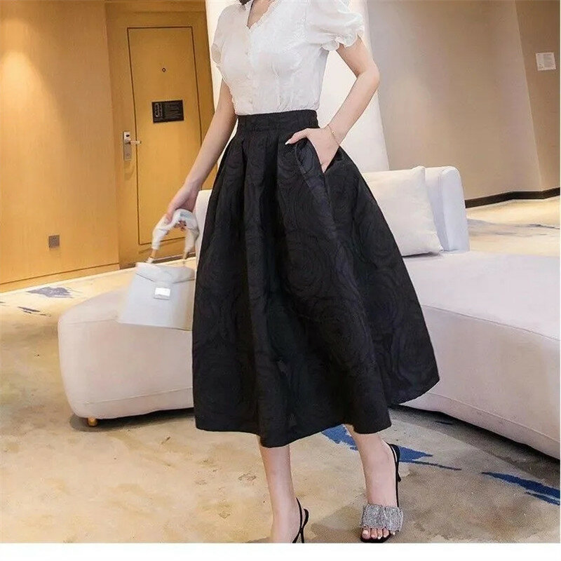 Женская винтажная Жаккардовая юбка, Длинная черная трапециевидная юбка с высокой талией, весна-осень 2023