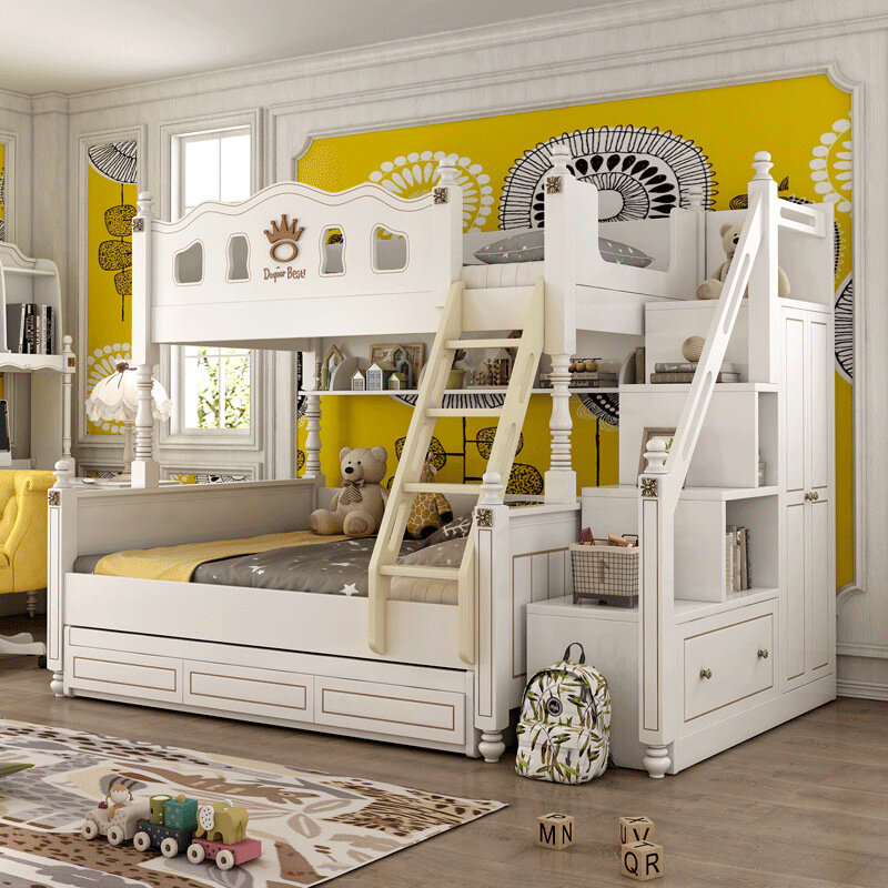 Детская кровать из массива дерева, высокая и низкая кровать, двухъярусная кровать принцессы, многофункциональная двухэтажная кровать