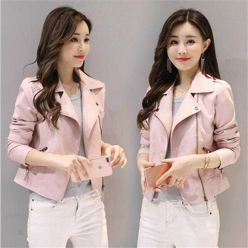 2019 new spring and autumn women's leather jacket women's short fashion slim pink pu small coat motorcycle leather jacket S-4XL