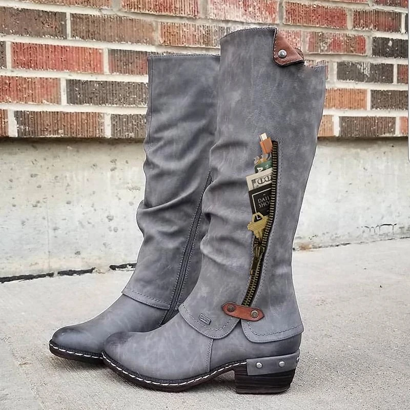 Women Boots Western Cowboy Knee-high Punk Low Thick Heel Side Zipper Female Ladies Shoes Winter Shoes Winter Boots Women