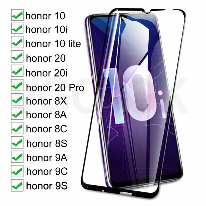 100D Full Có Kính Cường Lực Cho Huawei Honor 10 Lite 20 Pro 10i 20i Cường Lực Bảo Vệ Màn Hình Trên Danh Dự 8X 8A 8C 8S 9A 9C 9S Kính