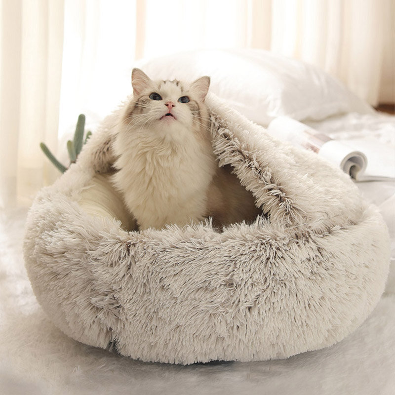 Hoanut Gaya Baru Tempat Tidur Hewan Peliharaan Kucing Bulat Mewah Kucing Tempat Tidur Hangat Rumah Lembut Panjang Tempat Tidur Mewah untuk Anjing Kecil untuk Kucing Sarang 2 In 1 Tempat Tidur Kucing