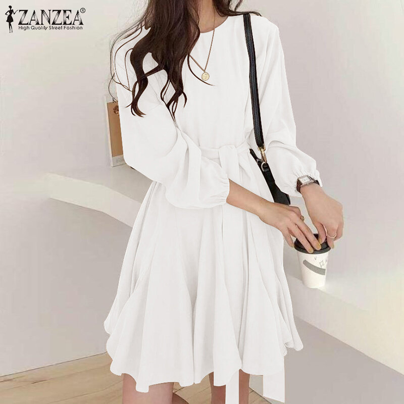 ZANZEA-Vestido corto informal con manga abombada para mujer, minivestido holgado de Color liso con cuello redondo, elegante y de gran tamaño