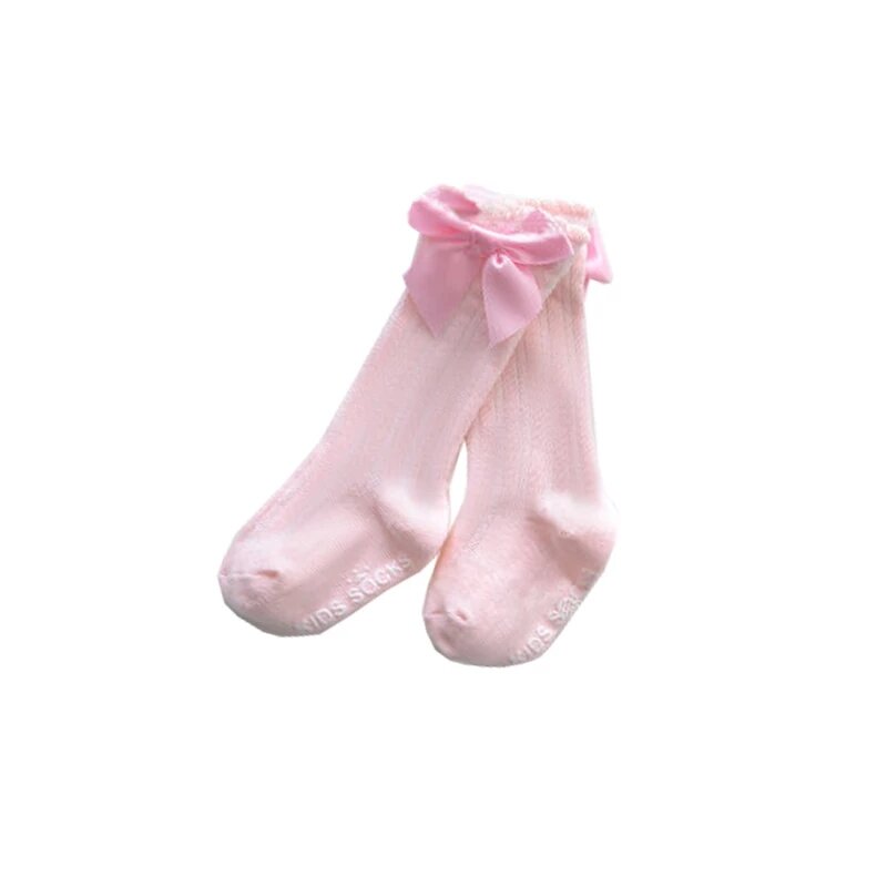 Joelho alto macio laço bowknot meias para crianças, meias longas para crianças e meninas, 100% algodão perna quente, peças de vestuário para bebê, verão e outono