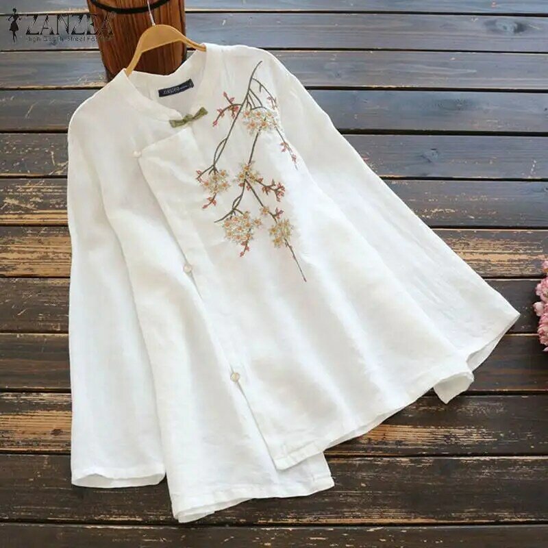 Moda ZANZEA kwieciste koszule damskie haftowana bluzka z długim rękawem kobiece kwiatowe tunika kobiece Casual nieregularne koszule Plus rozmiar