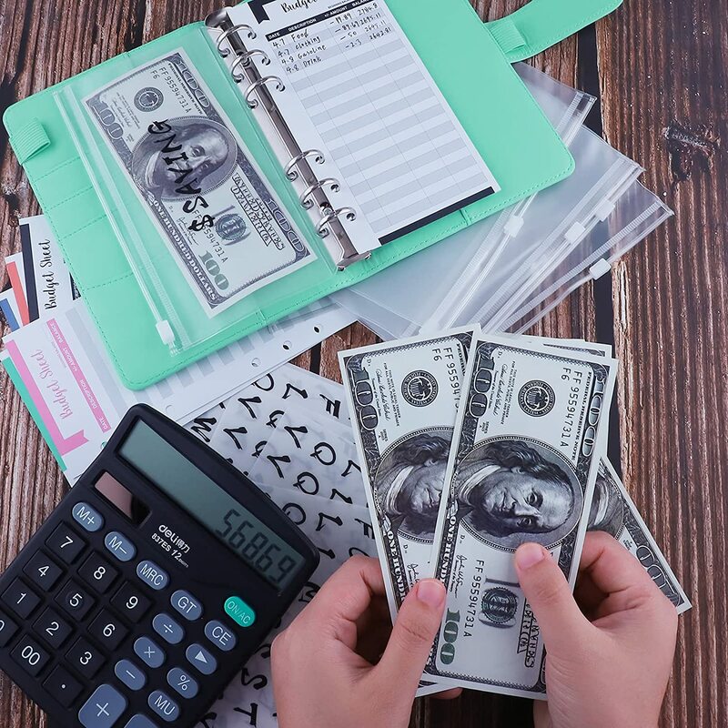 Sistema dos envelopes do dinheiro da capa do orçamento da pasta do plutônio a6 com bolsos da pasta, folhas do orçamento da despesa e etiquetas da etiqueta da carta para salvar