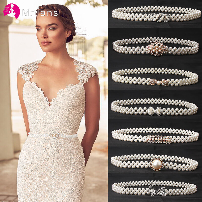 Molans-cinturón elegante de perlas para mujer, hebilla elástica, cadena de perlas, accesorios de boda, 1 unidad