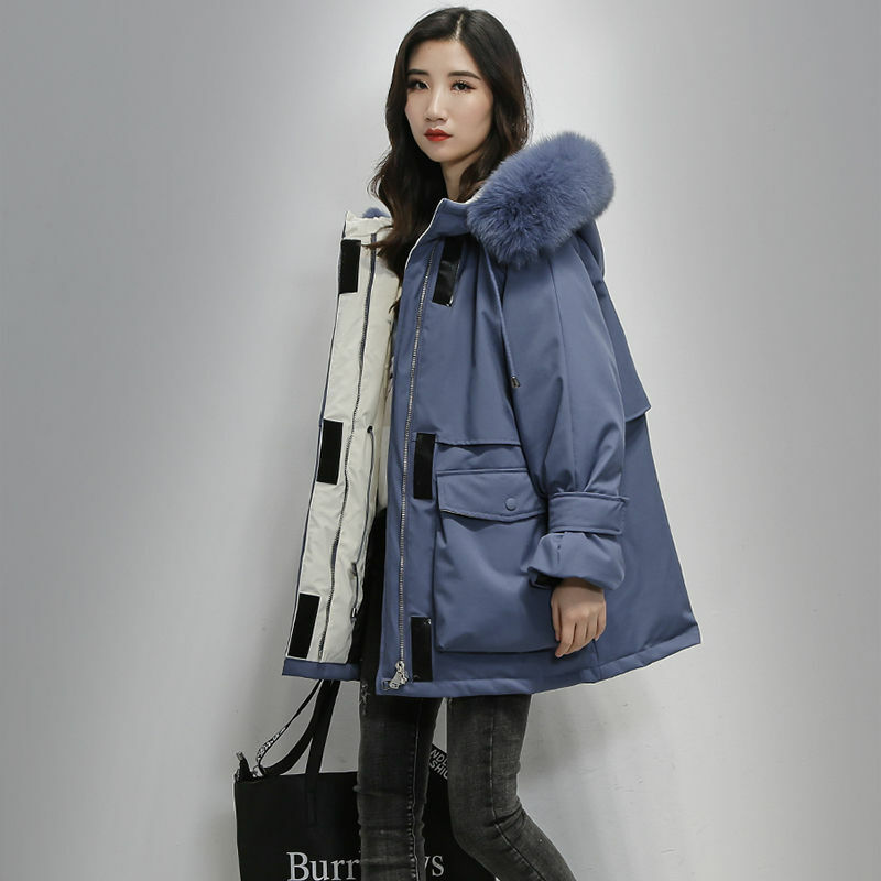 女性の冬の綿のコート韓国のゆったりとしたジャケット,フード付きの毛皮のような形,厚くて暖かい長い衣服