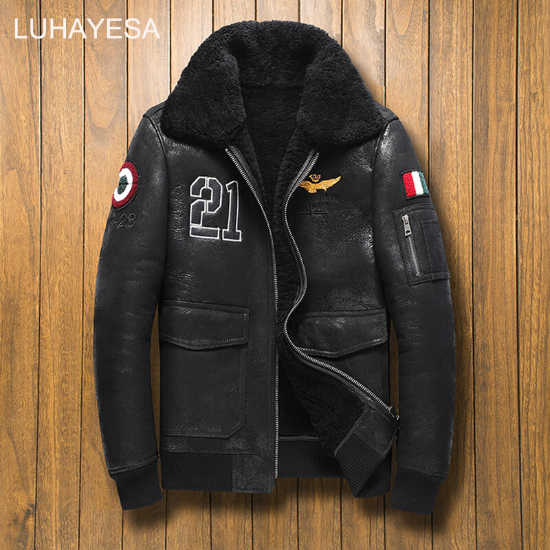 LUHAYESA Sports Style Men Causal Black Real Fur Coat Winter Breathable Natural Fur Clothing Genuine leather Coats