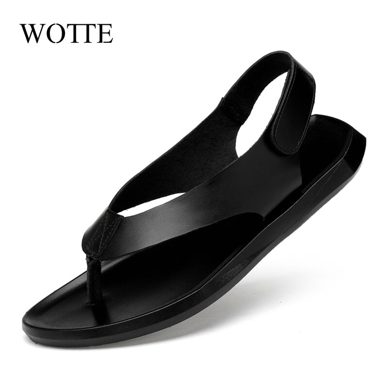 WOTTE หนังฤดูร้อนผู้ชายรองเท้าแตะออกแบบใหม่แฟชั่น Casual สีดำรองเท้าแตะชายแบนยางหนัง flops