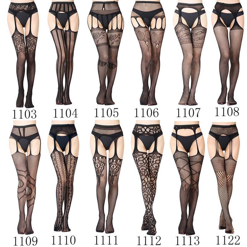 Sexy Fashion Lace Stockings Black Transparent Lace Nylon Stockings Crotchless Erotic Lingerie For Women Babydoll Belt Stockings