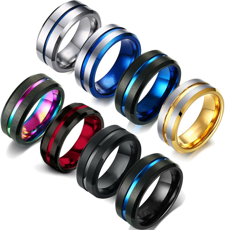 FDLK แฟชั่น8มม.สแตนเลสสตีลแหวนที่มีสีสัน Groove Beveled Edge Wedding หมั้นแหวนเครื่องประดับ