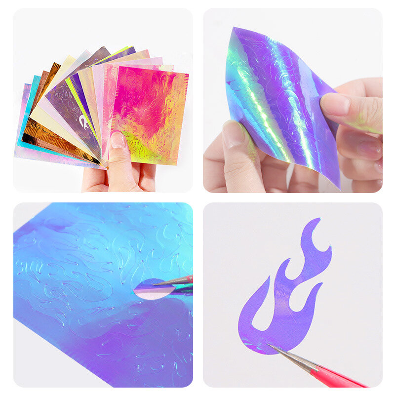 Голографическая самоклеющаяся пленка fire Aurora Flame, 16 листов/набор, самоклеющаяся клейкая пленка для самостоятельного декора ногтей