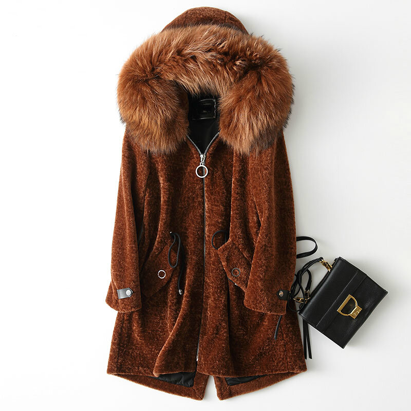 Abrigo de piel auténtica para mujer, abrigo de lana de oveja con Cuello de piel de mapache Natural con capucha, chaqueta de invierno, 2020