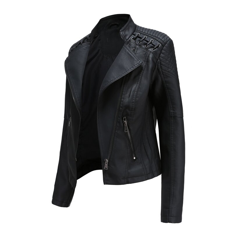 Женская куртка из ПУ кожи, черная Свободная куртка на молнии с отложным воротником, весна-зима 2021