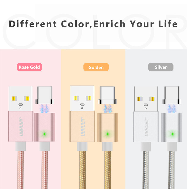 JianHan Magnetic Type C Cable 1M 3A Fast Charging Magnet Data Phone Charger Cable with LED Light for Samsung Xiaomi Huawei