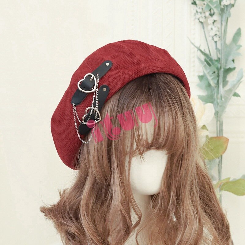 Gothic Lolita Black Punk Beret Harajuku Women Girls Summer Breathable Heart Buckle Beanie JK Hat Accessories