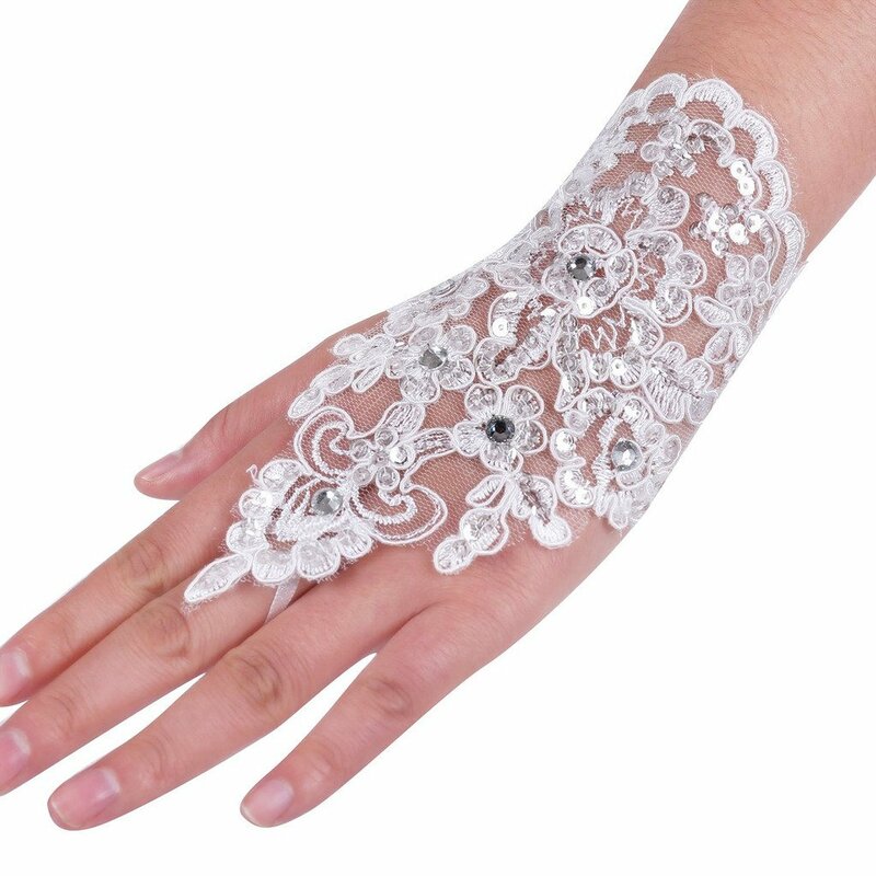 Koronkowe rękawiczki ślubne bez palców Rhinestone na wesele 2022