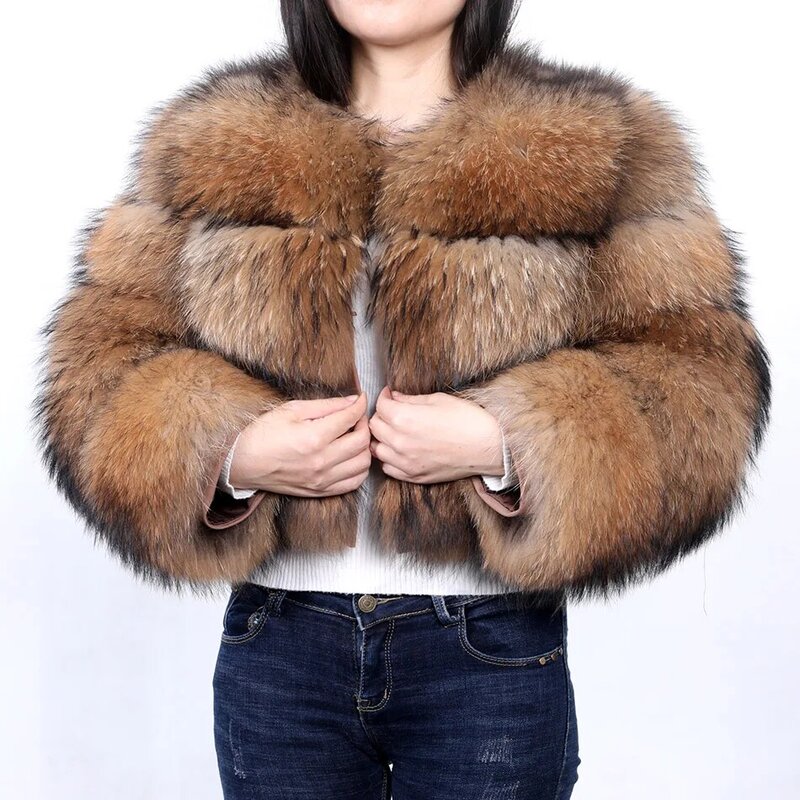 Winter Real Fur Women Raccoon Natural Fur Coat Silver Fox Long Vest Warm Luxury Jacket Parkas With Leather Fur Clothe For Female