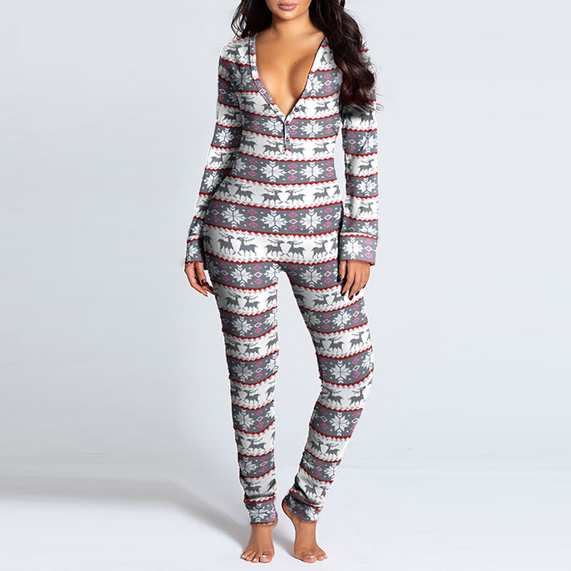 Mono de Navidad con solapa para mujer, ropa de dormir Sexy para adultos, pijama de trasero abierto, camisón largo de Navidad