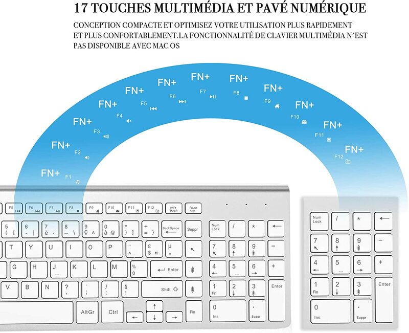 2.4G Wireless Keyboard and Mouse AZERTY--French Layout Compatible with iMac Mac PC Laptop Tablet Computer Windows (Silver White)