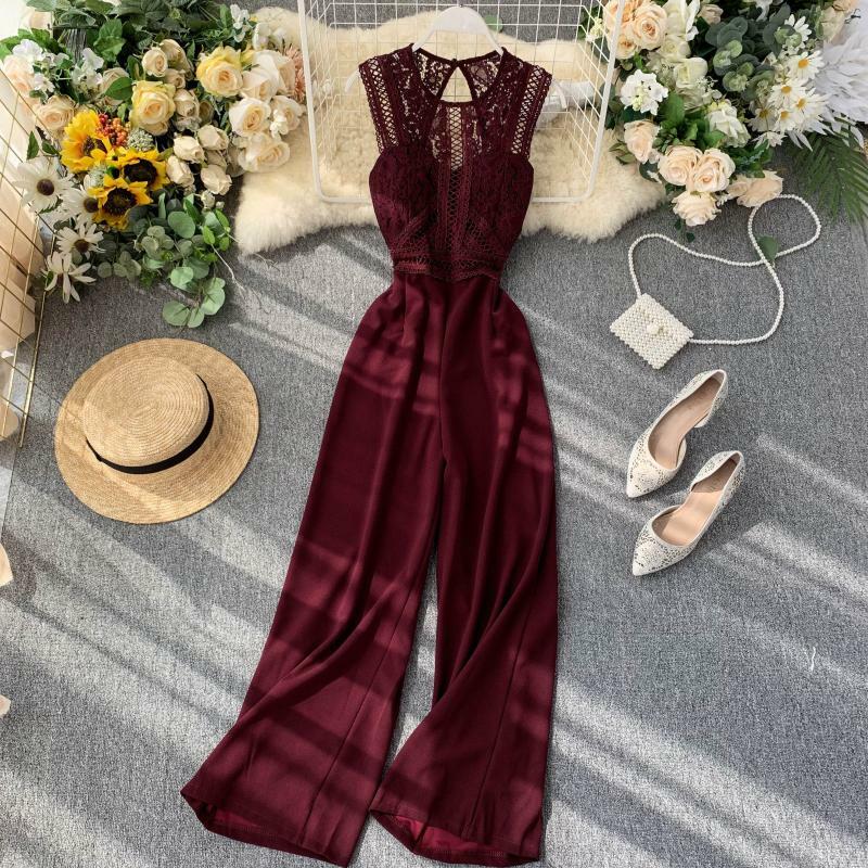 Fashion Hollow Lace Bodysuit Spring Summer Ladies Sleeveless Sexy Jumpsuits Patchwork Solid Jumpsuit Elegant Women Romper W1993