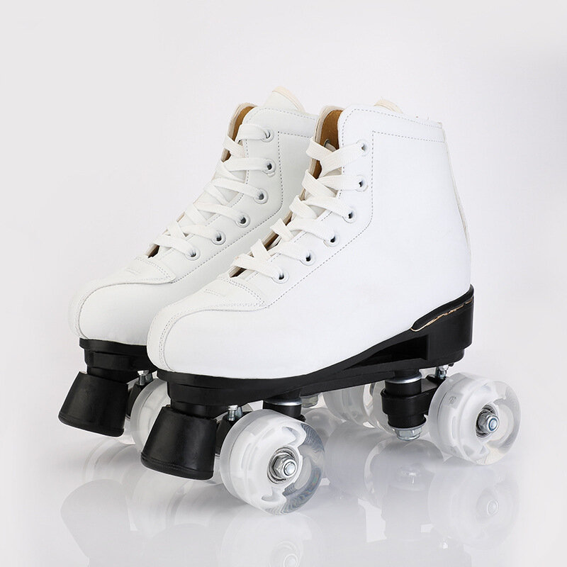 New Black White Artificial Leather Roller Skates Double Row Quad Skate Sneakers Women Rollerblading White PU 4 Wheels Patines
