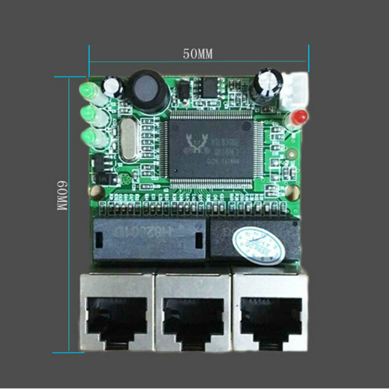 OEM factory direct mini fast 1 /100mbps 3-port Ethernet network lan hub switch board two-layer pcb 2 rj45 1 * 8pin head port 12V