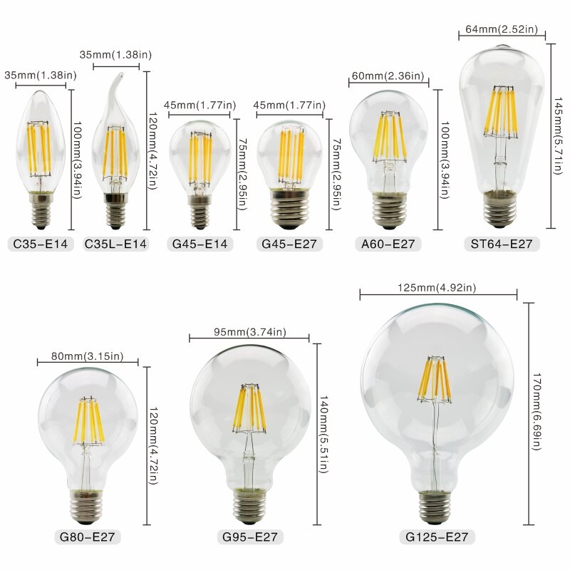 2W 4W 6W 8W E27 E14 Retro Edison LED Filament ampoule lampe 220V-240V ampoule C35 G45 A60 ST64 G80 G95 G125 ampoule en verre Vintage